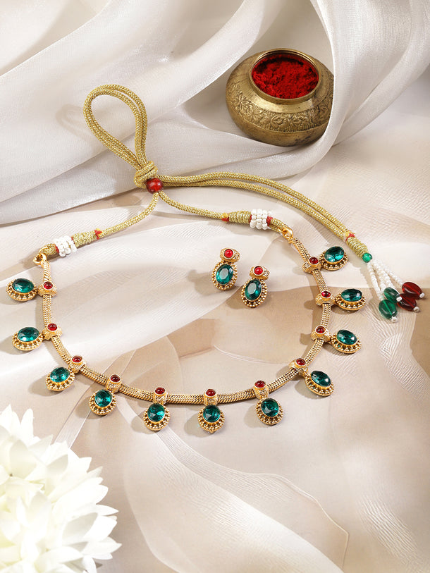Green & Red Studded Gold Necklace Set