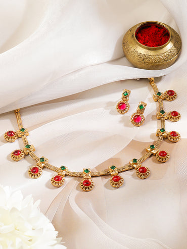Green & Red Studded Golden Necklace Set
