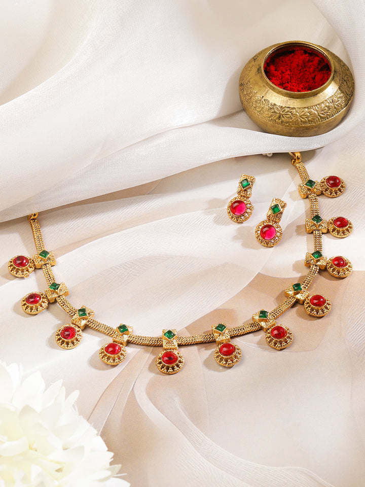 Green & Red Studded Golden Necklace Set