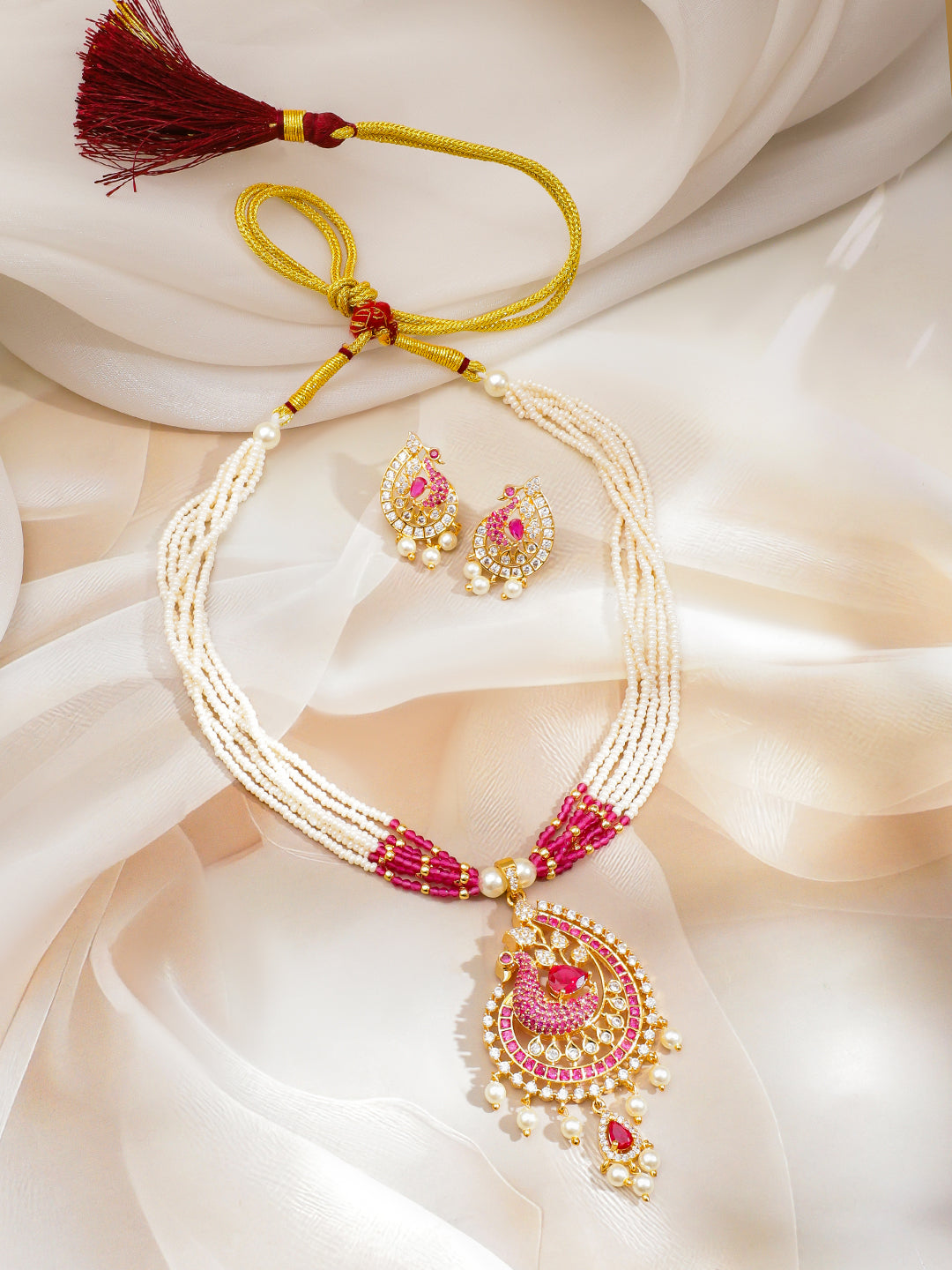 Pink & White American Diamond Zirconia Pearl Necklace Set