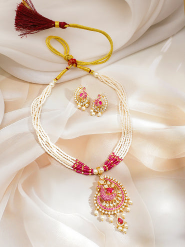 Pink & White American Diamond Zirconia Pearl Necklace Set