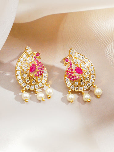 Pink & White American Diamond Zirconia Pearl Necklace Set