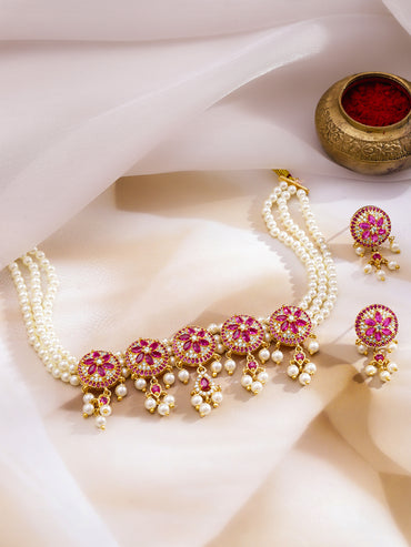 Handcrafted Floral Pink & Pearl Necklace Set