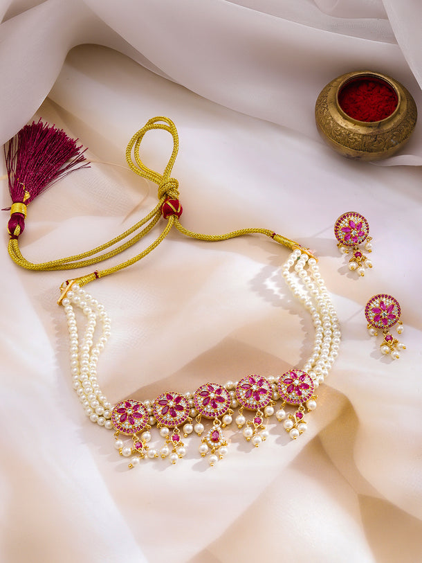 Handcrafted Floral Pink & Pearl Necklace Set