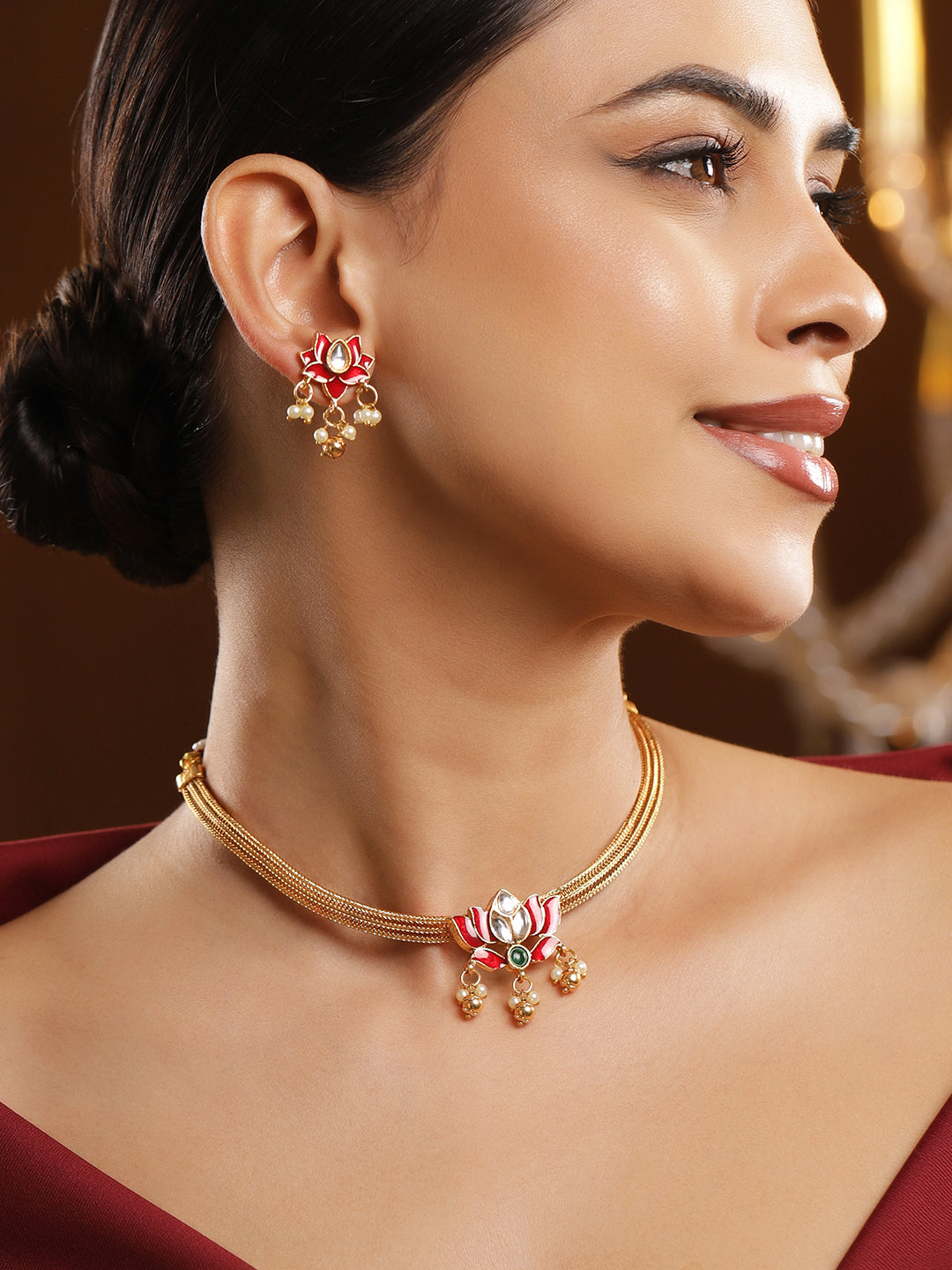 Lotus Motif Pearl Drop Red Choker Set