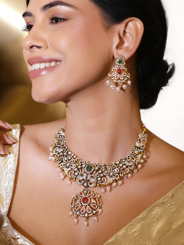 American Diamond Zirconia Pearl Necklace Set