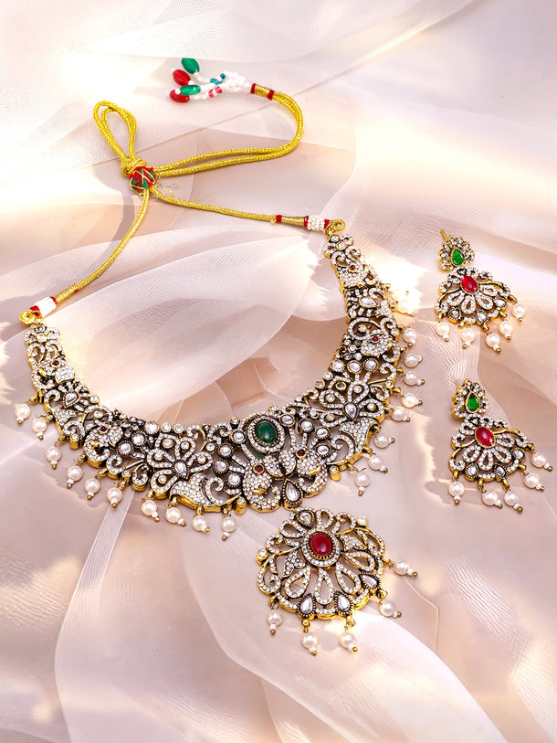 American Diamond Zirconia Pearl Necklace Set