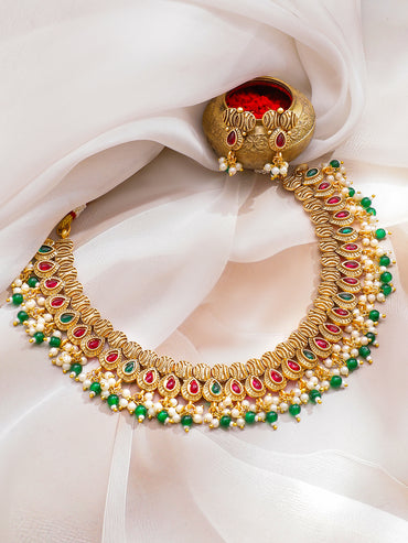 Ruby Studded Green Pearl Drop Necklace Set