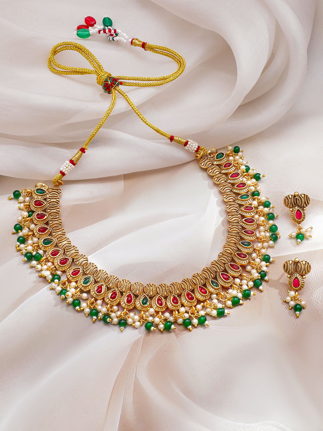 Ruby Studded Green Pearl Drop Necklace Set