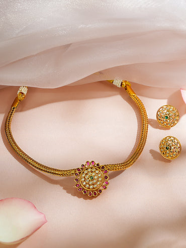 Multicolor Studded Floral Choker Set