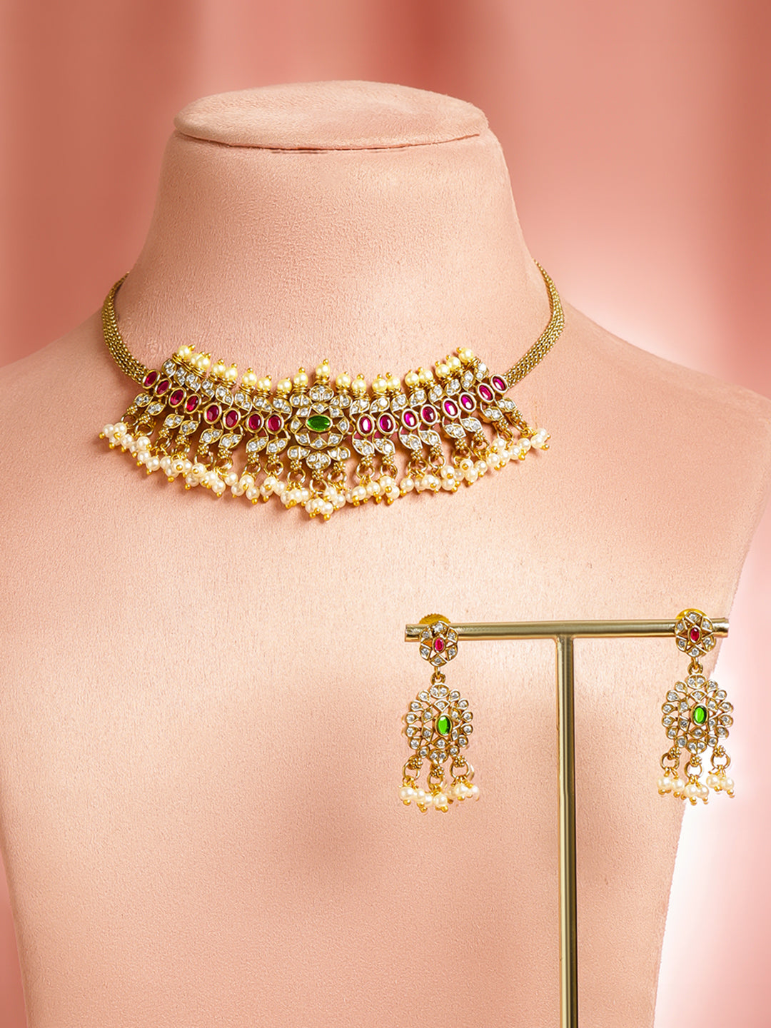 Multicolor Studded Pearl Drop Gold Necklace Set