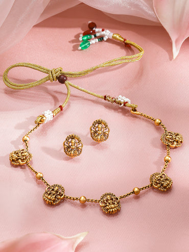 Gold Toned Laxmi Motif Necklace Set