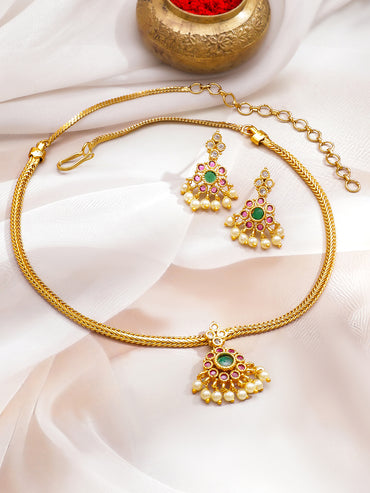 Pink & Green Pearl Drop Necklace Set