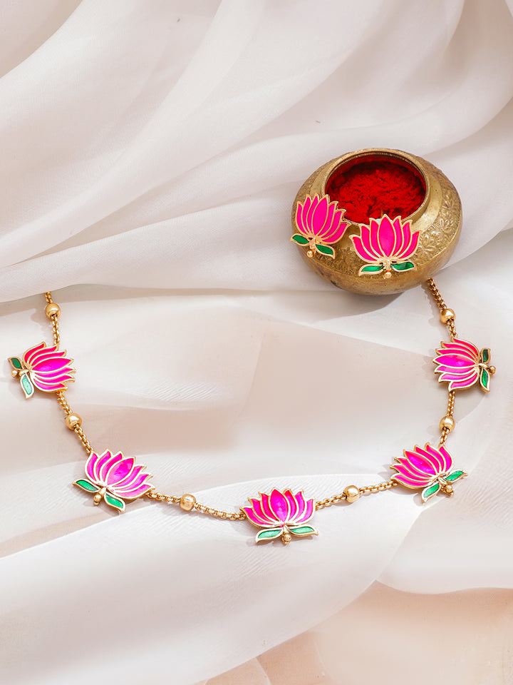Pink Lotus Motif Enamel Necklace Set
