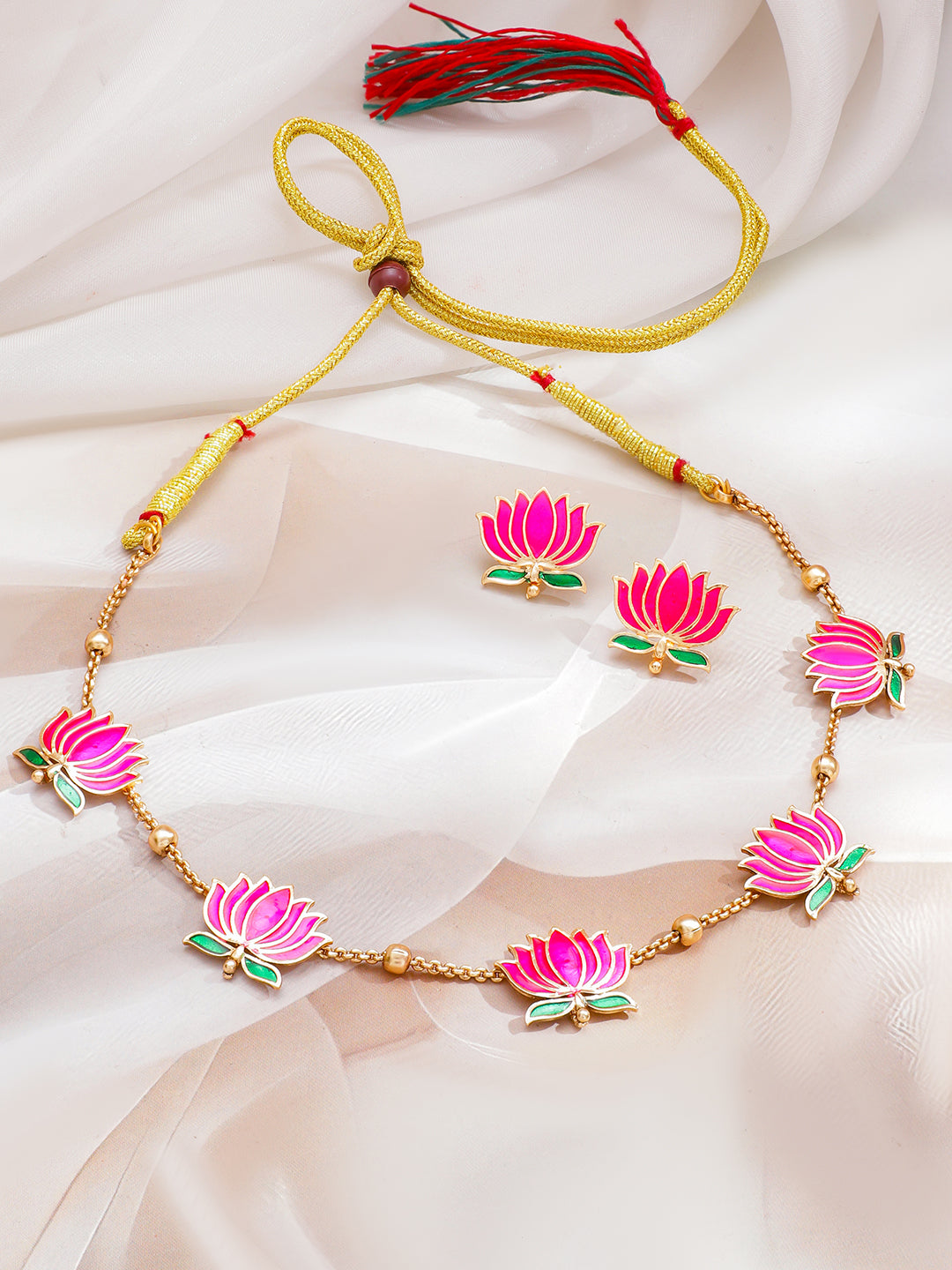 Pink Lotus Motif Enamel Necklace Set