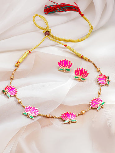 Pink Lotus Motif Enamel Necklace Set