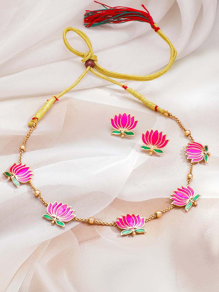 Pink Lotus Motif Enamel Necklace Set