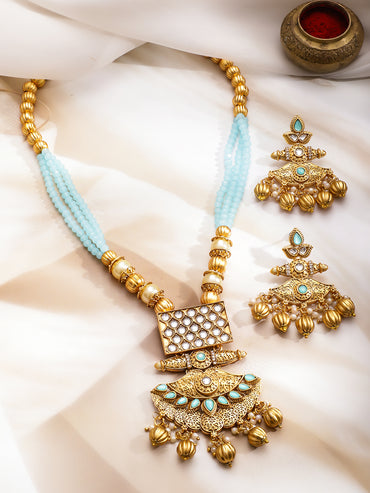 Elegant Blue & Kundan Long Necklace Set