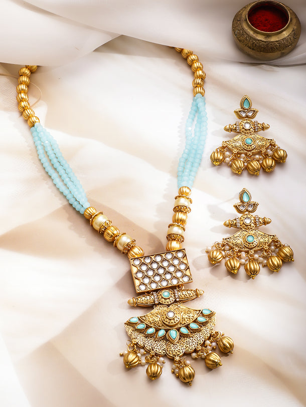 Elegant Blue & Kundan Long Necklace Set