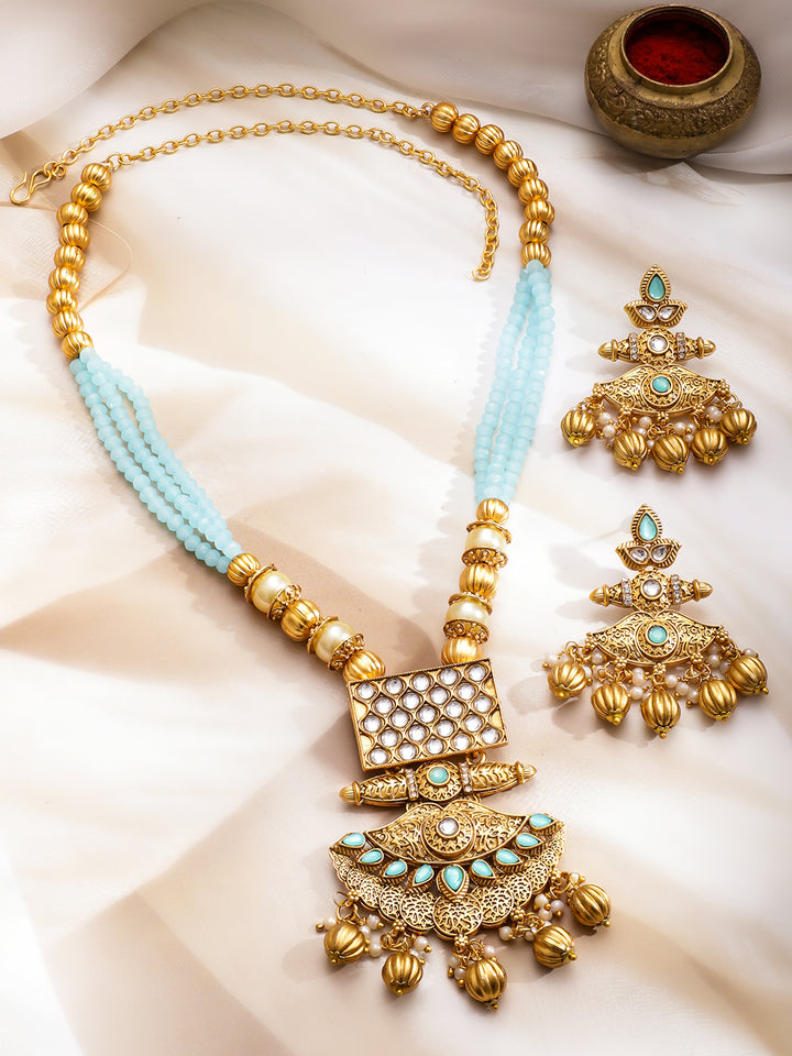 Elegant Blue & Kundan Long Necklace Set