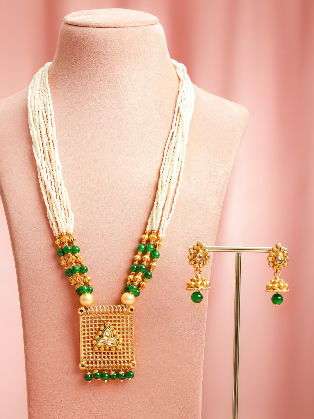 Green & Pearl beaded Long Necklace Set