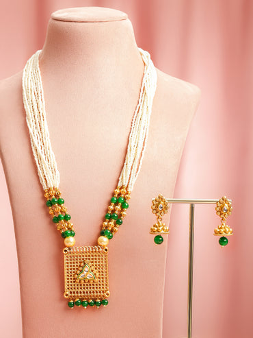 Green & Pearl beaded Long Necklace Set