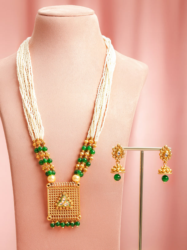 Green & Pearl beaded Long Necklace Set