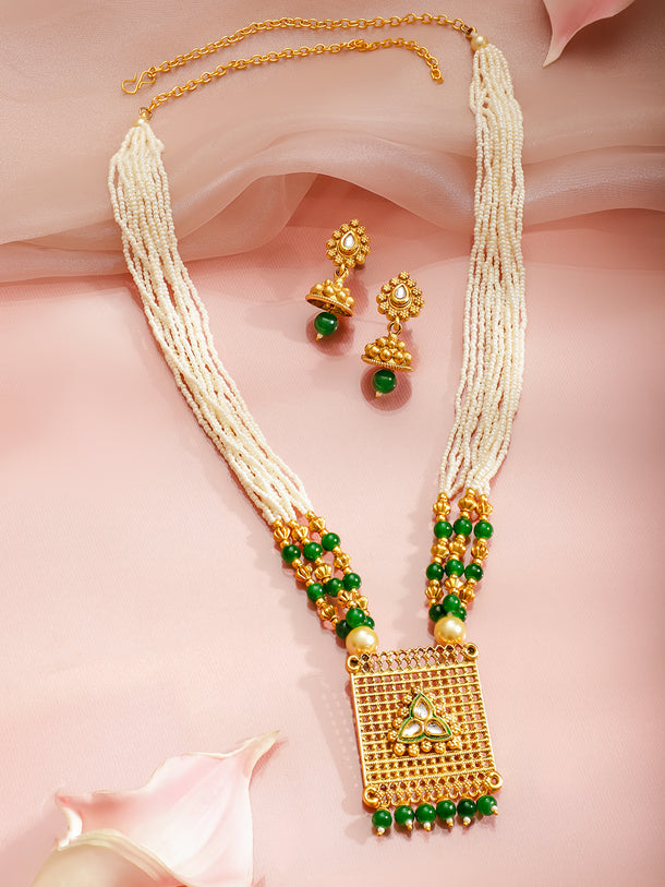Green & Pearl beaded Long Necklace Set