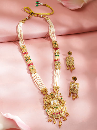 Floral Design Pearl Beaded Golden Necklace Set