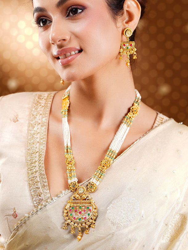 Gold Plated Meenakari Pearl Beaded Floral Necklace Set with Earrings