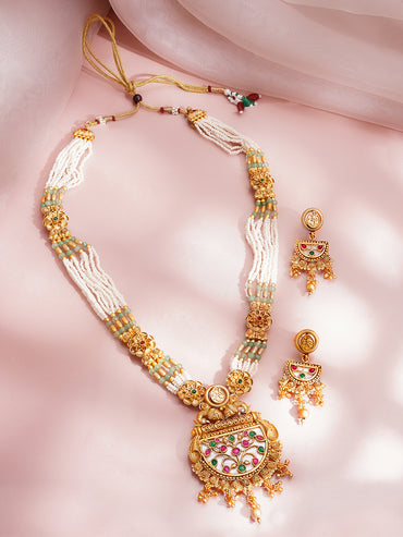 Gold Plated Meenakari Pearl Beaded Floral Necklace Set with Earrings