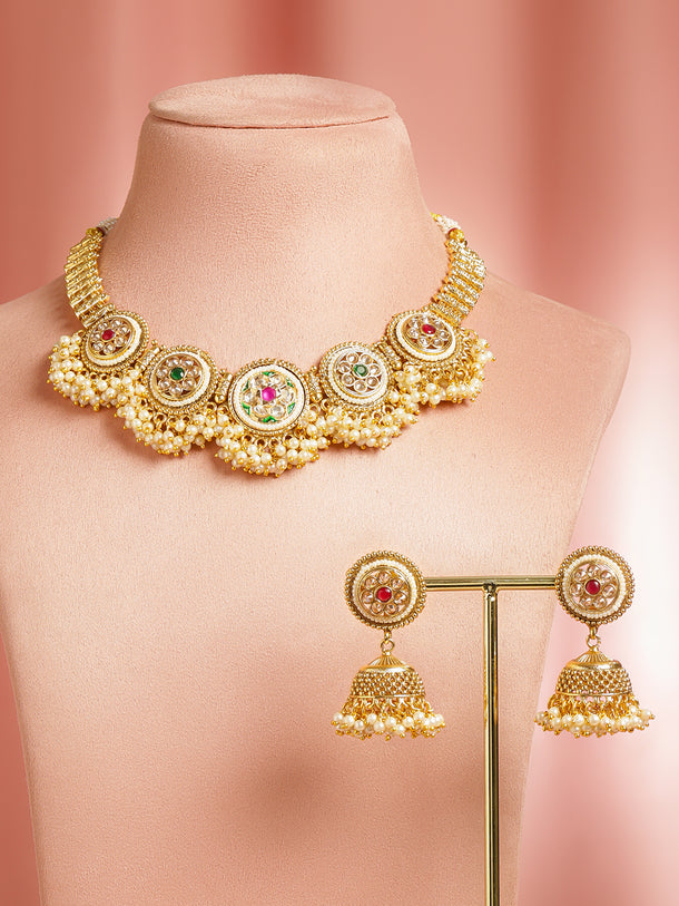 Crystal Studded Pearl Beaded Necklace Set