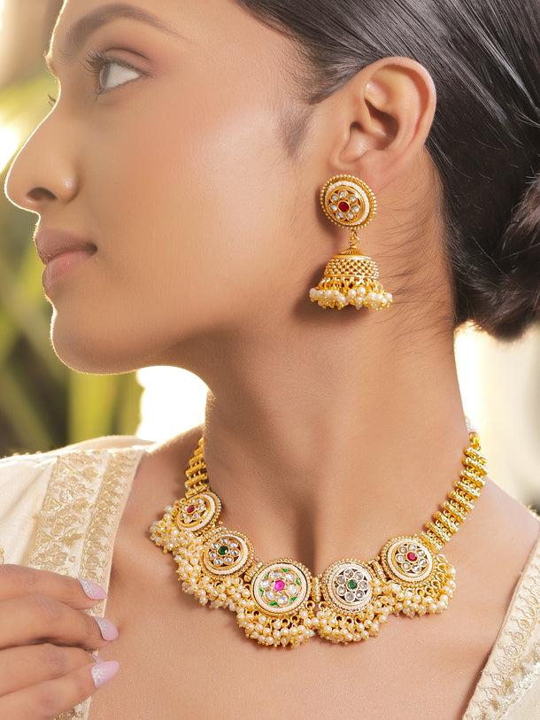 Crystal Studded Pearl Beaded Necklace Set