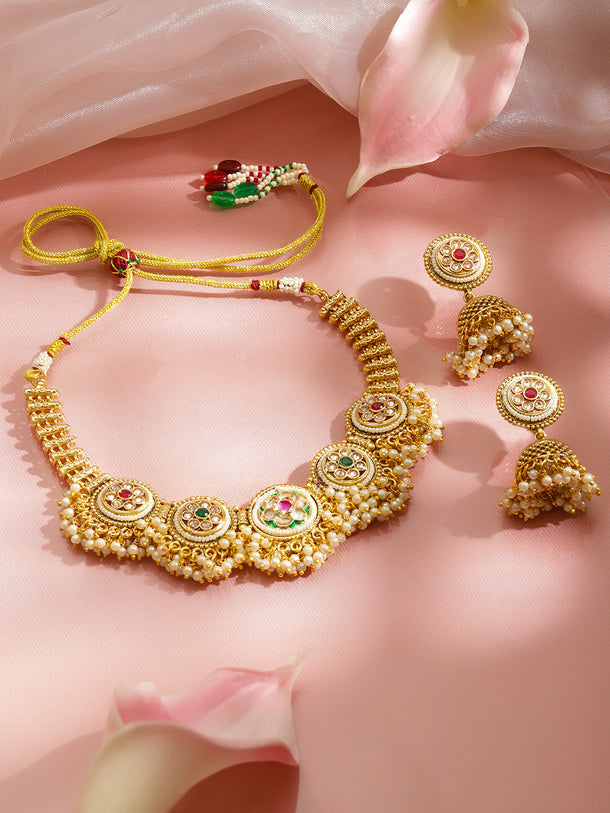 Crystal Studded Pearl Beaded Necklace Set