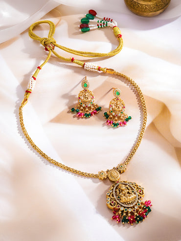 Rubans 22K Gold-Plated Brass Ruby Red, Emerald Green Stones & Beads Temple Jewellery Set