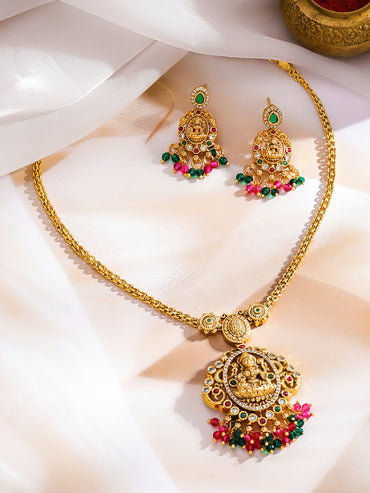 Rubans 22K Gold-Plated Brass Ruby Red, Emerald Green Stones & Beads Temple Jewellery Set