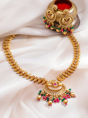 Gold Toned Floral Design Beaded Necklace Set