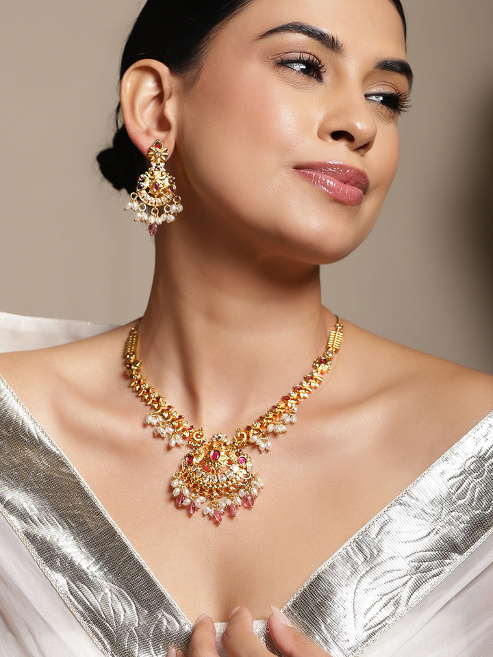 Golden Pearl Drop Pink Necklace Set