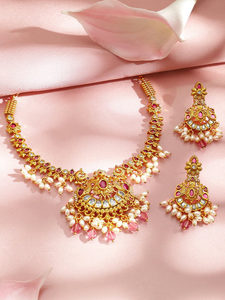 Golden Pearl Drop Pink Necklace Set