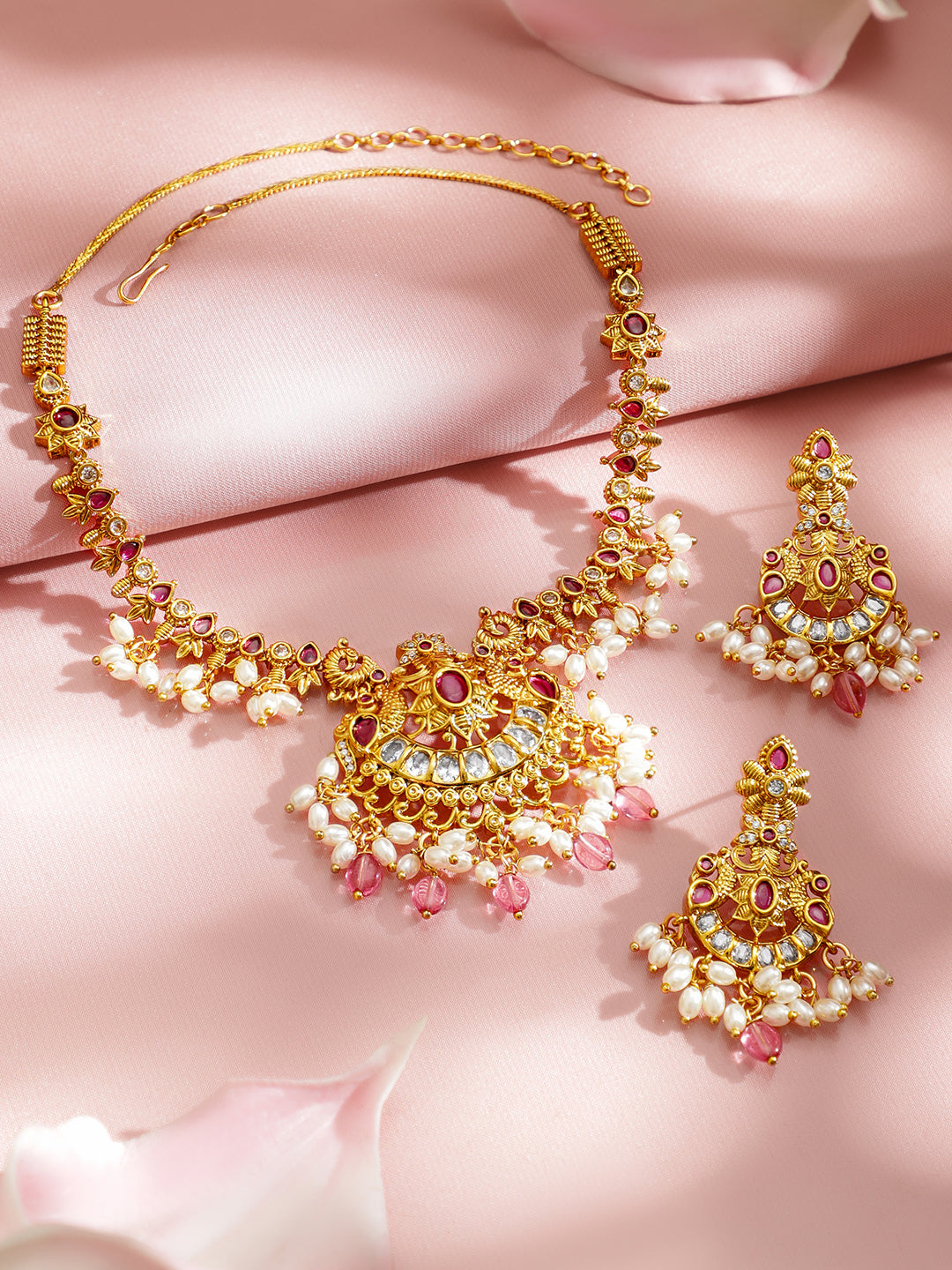 Golden Pearl Drop Pink Necklace Set