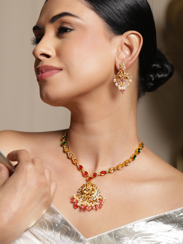 Multicolor Pearl Drop Temple Necklace Set