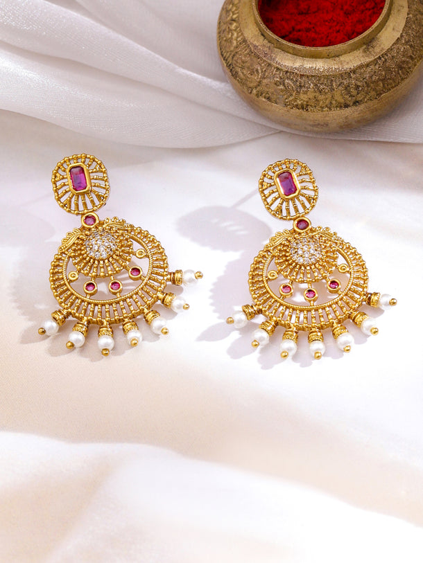 Green & Pink Studded Gold Necklace Set