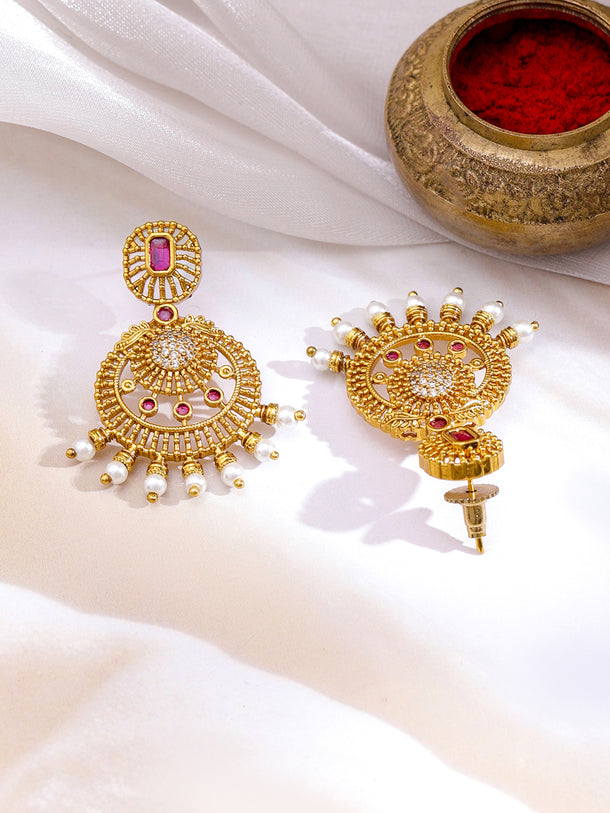 Green & Pink Studded Gold Necklace Set