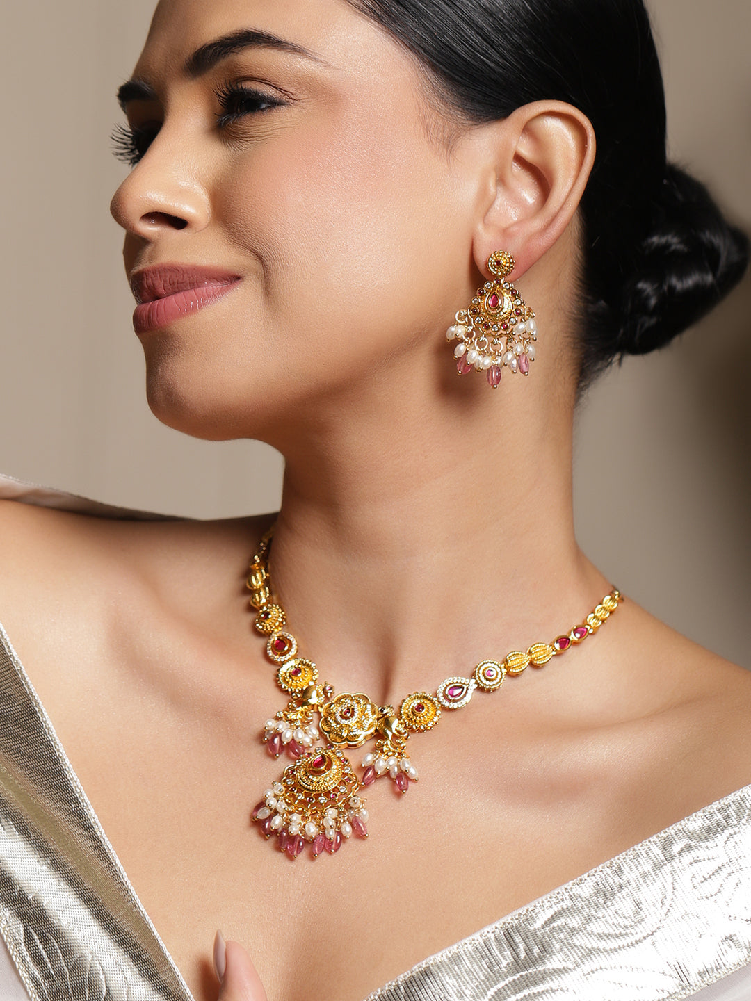 Red Beads Studded Gold Necklace Set