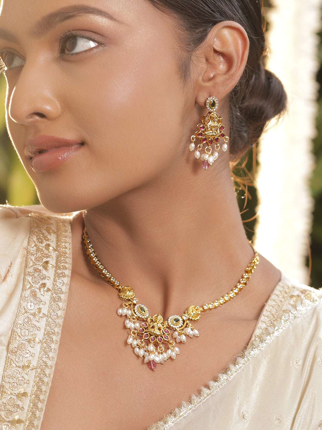 American Diamond Zirconia Pearl Temple Necklace Set