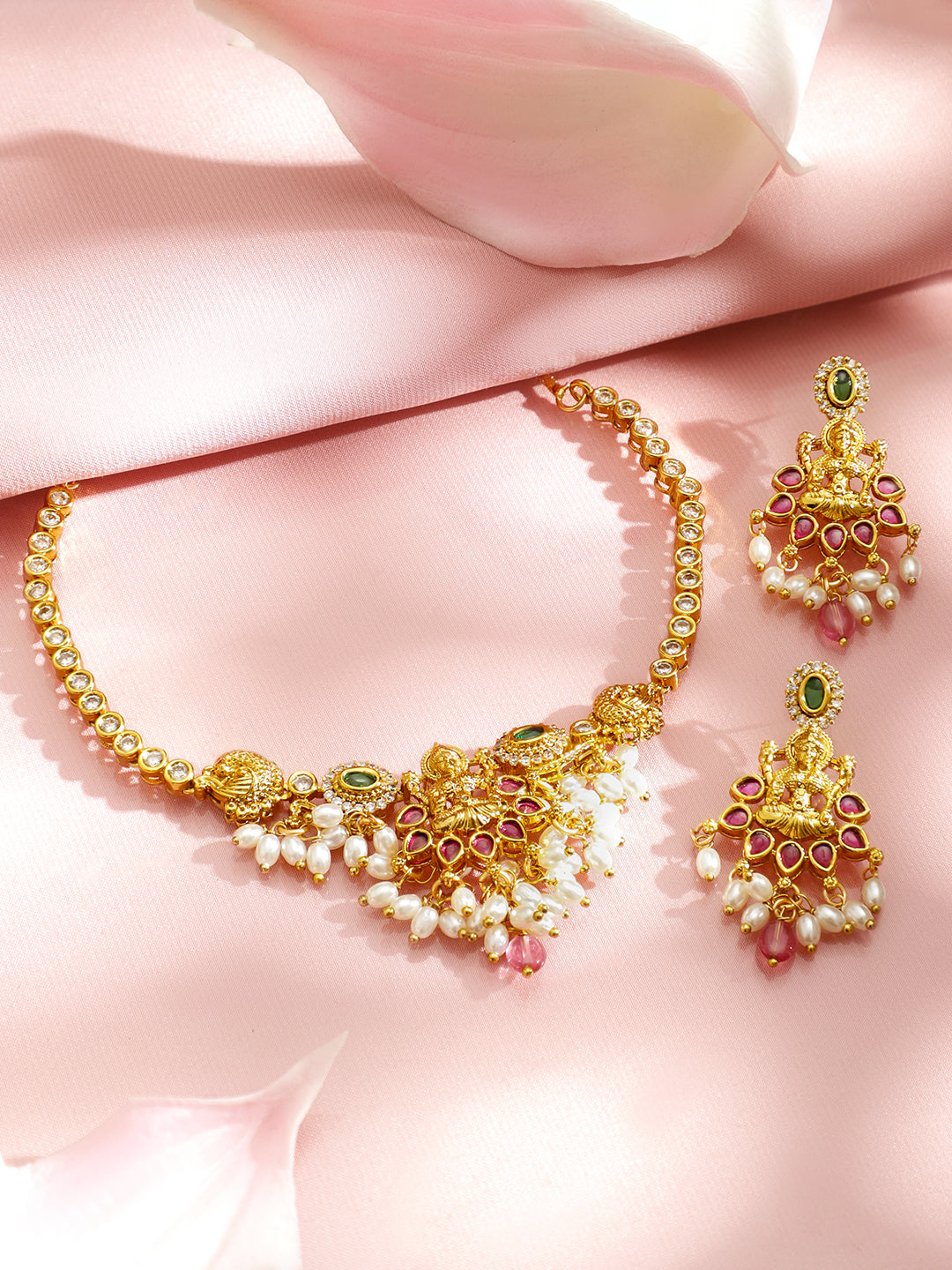 American Diamond Zirconia Pearl Temple Necklace Set
