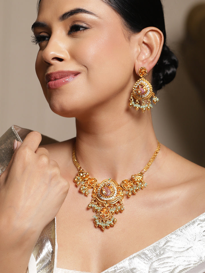 Pink & White Studded Golden Necklace Set