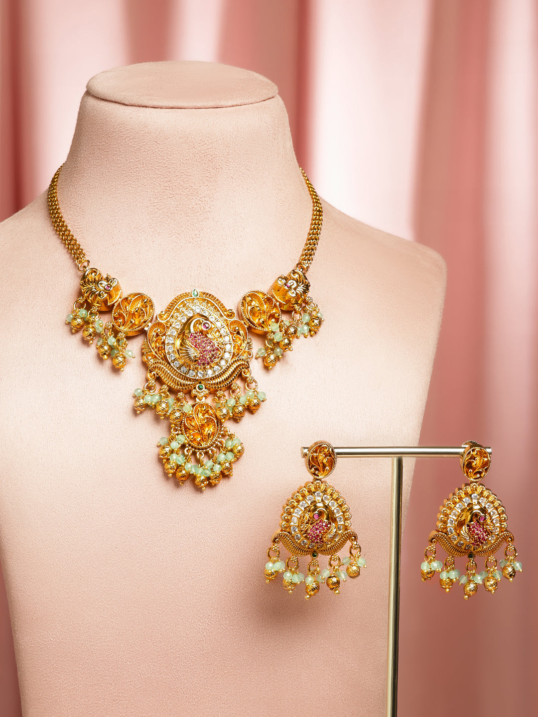 Pink & White Studded Golden Necklace Set