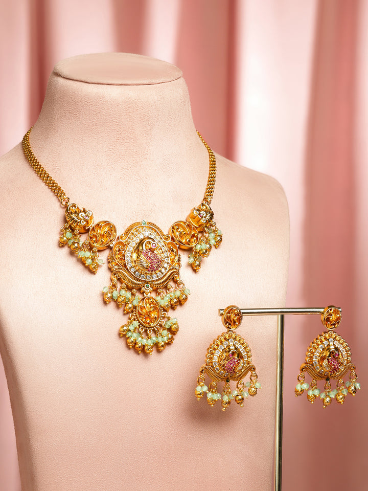 Pink & White Studded Golden Necklace Set