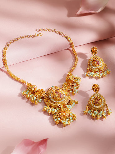 Pink & White Studded Golden Necklace Set